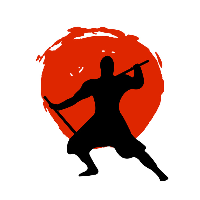 Ninja Warrior Silhouette on red moon and white background.